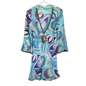 Solitaire Boho Beaded Tunic Dress Large Fairy Festival Sheer Resort Mini Paisley
